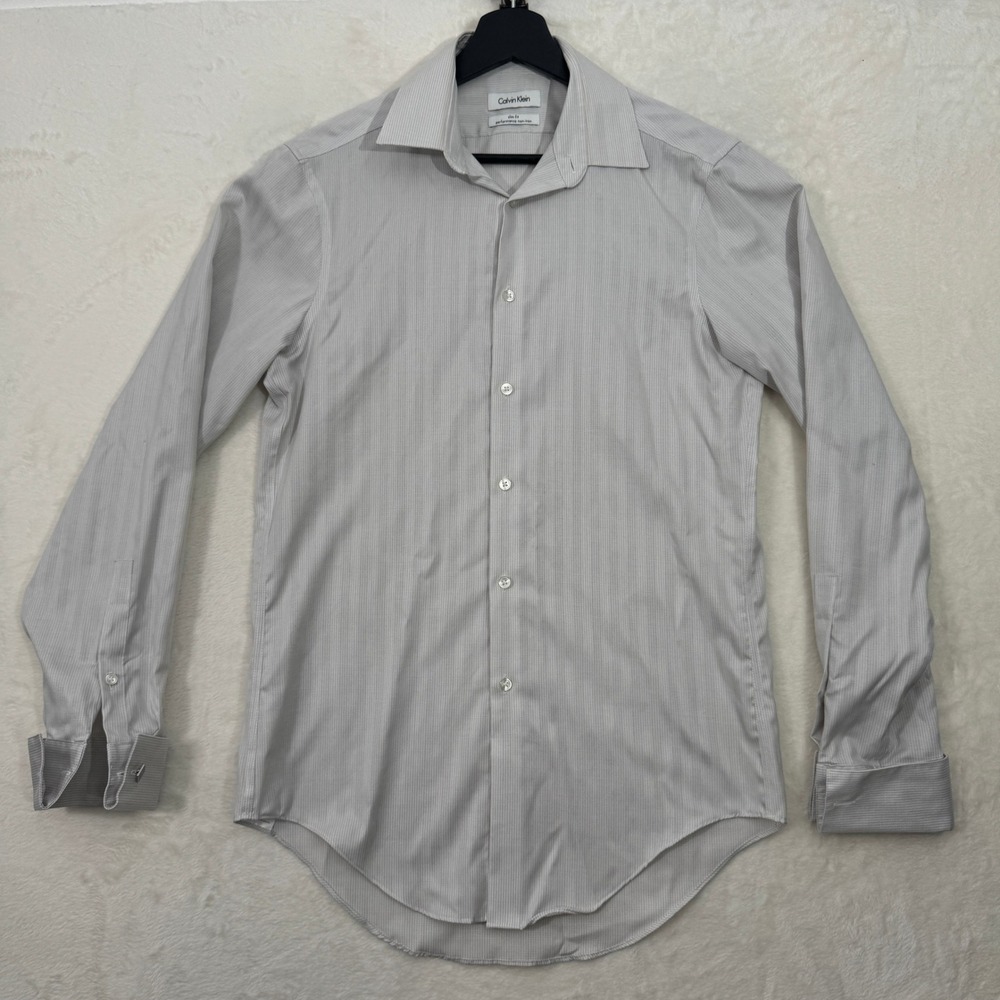 Calvin Klein Dress Shirt Mens Slim Grey White Performance Non-Iron Micro-Check